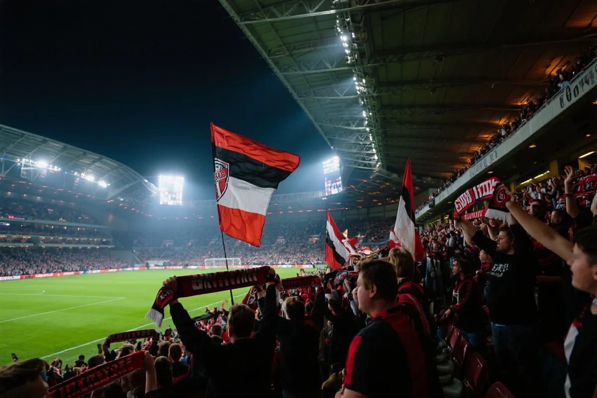 球场看台上球迷高举围巾与旗帜，鼓点与呐喊交织的热烈氛围