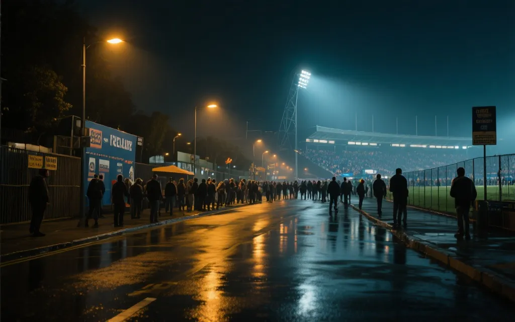 比赛结束后球场外逐渐空荡的街道与昏黄路灯，地面有雨水反光，氛围安静