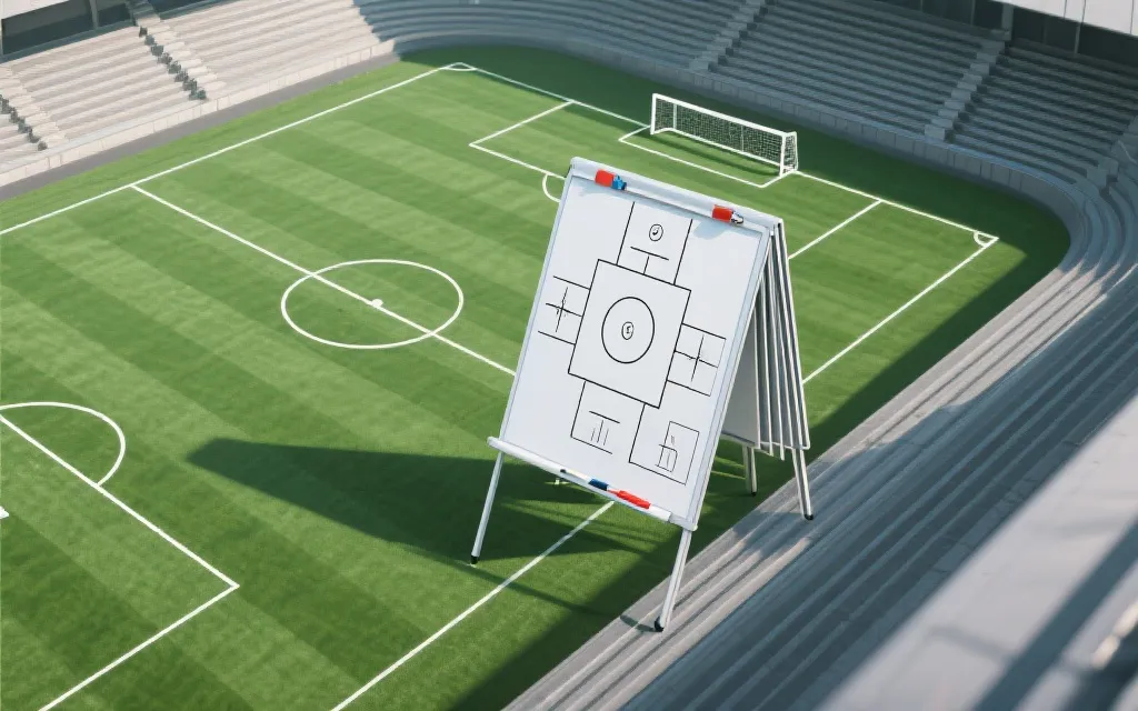 战术板与球场鸟瞰，象征主帅的结构化思维