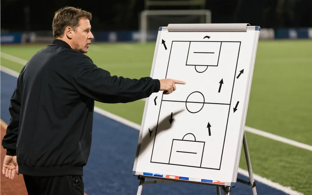 战术板上标注加拿大阵型与跑位箭头，教练在场边指挥的剪影