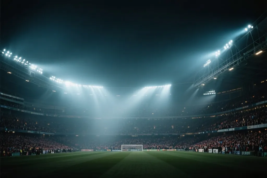 世界杯决赛当晚，灯光与看台氛围的广角画面