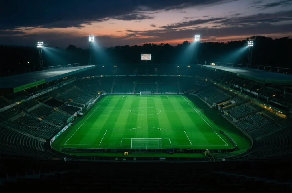 A modern generic soccer stadium during twilight with bright lights shining on the pitch
